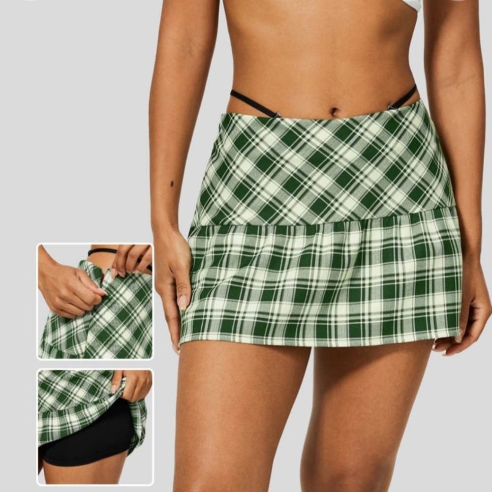 Medium Halara Y2K skort pleated skirt Green Plaid Spring 2026 NWT